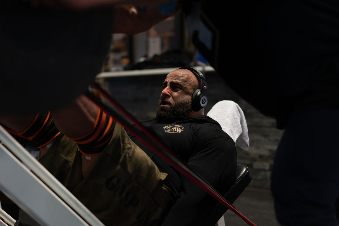 Bodybuilder Fouad Abiad doing leg presses on the leg press machine