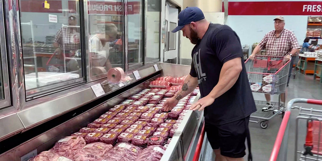 Bodybuilder Nathan Epler shopping for meat at grocery store