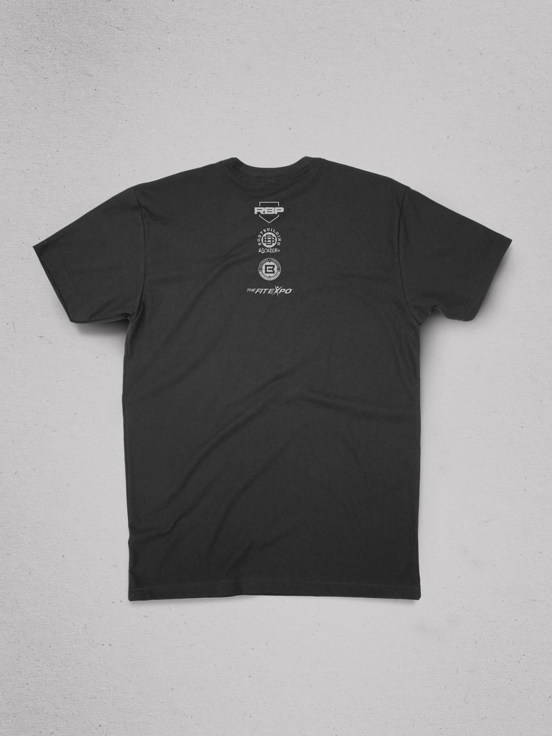 Black t-shirt with logos on a gray background