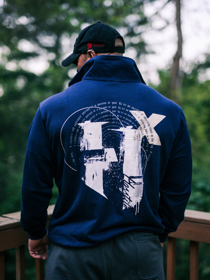 Bodybuilder wearing the Halo Quarter Zip Sweatshirt#color_navy