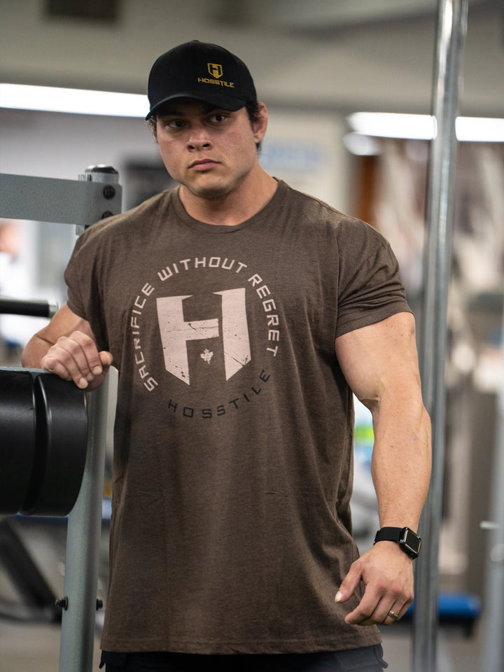 Bodybuilder wearing OG Sacrifice Classic Workout T-Shirt#color_espresso