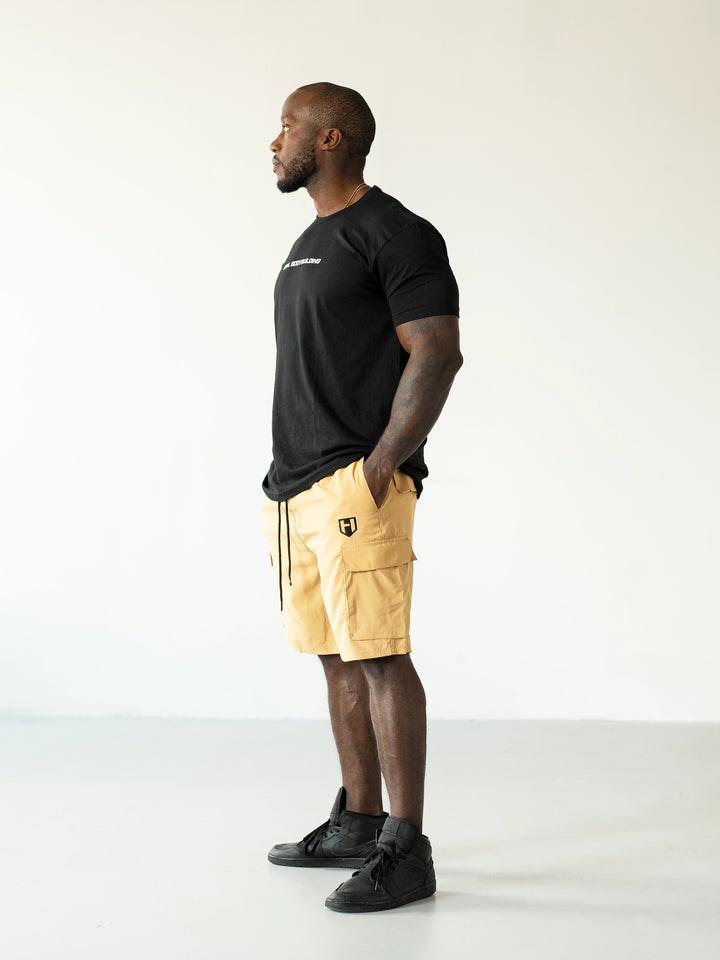 Bodybuilder Wearing Shield Gym Cargo Shorts - Multicolor#color_harvest-multicolor