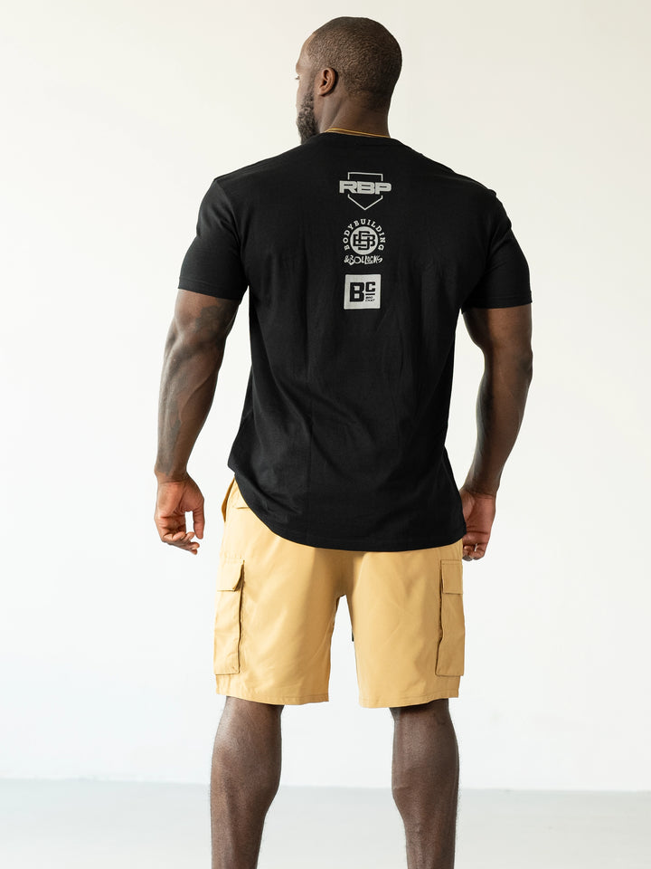 Bodybuilder Wearing Shield Gym Cargo Shorts - Multicolor#color_harvest-multicolor