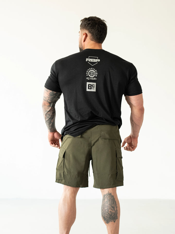 Bodybuilder Wearing Shield Gym Cargo Shorts - Military Green#color_military-green