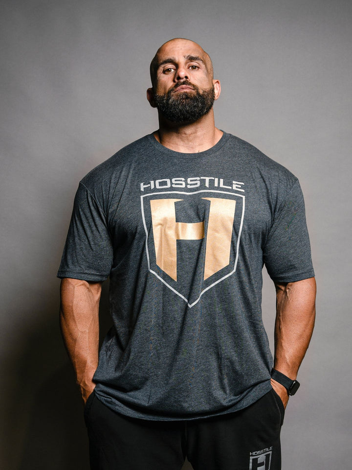 Bodybuilder Fouad Abiad wearing Shield Classic Workout T-Shirt#color_charcoal