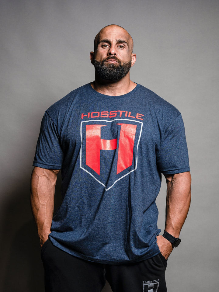 Bodybuilder Fouad Abiad wearing Shield Classic Workout T-Shirt#color_navy
