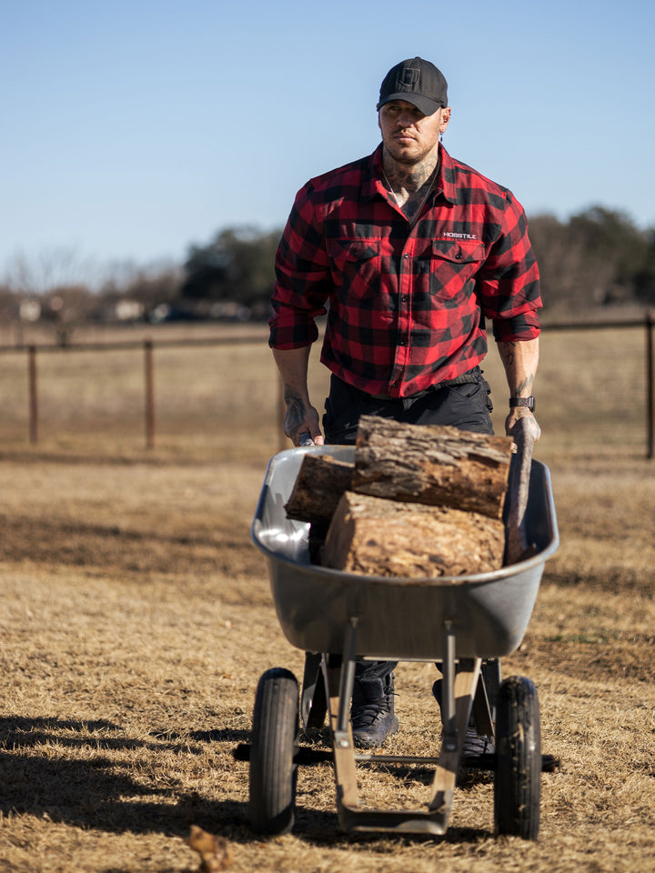 Hosstile Long Sleeve Plaid Flannel Button Down Shirt Model Ben Chow#color_red-black