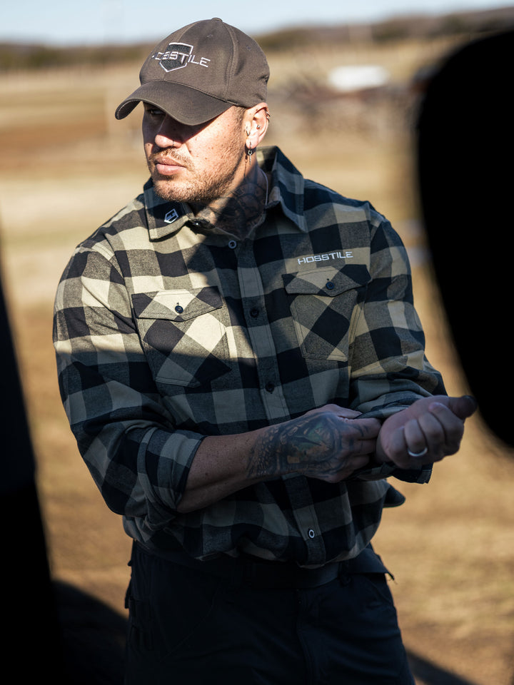 Hosstile Shield Long Sleeve Plaid Flannel Button Down Shirt Model Ben Chow#color_olive-black