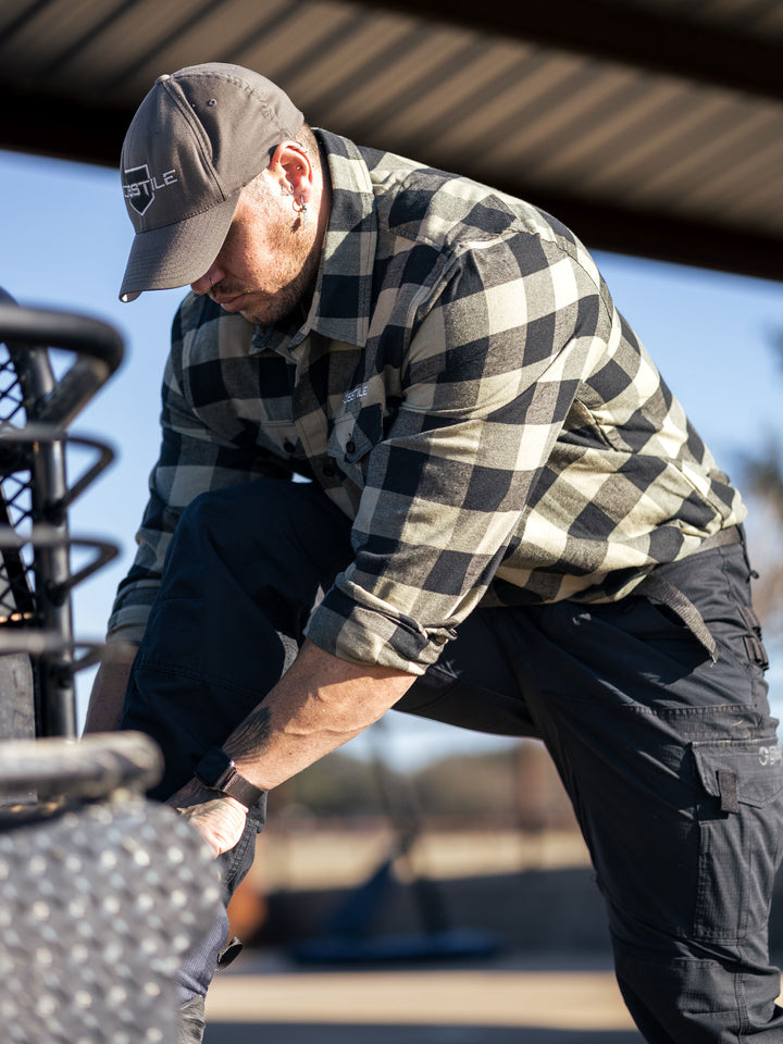 Hosstile Shield Long Sleeve Plaid Flannel Button Down Shirt Model Ben Chow#color_olive-black