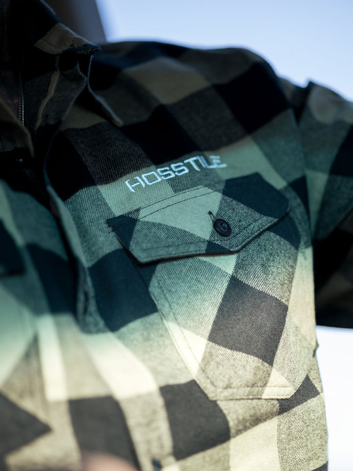 Hosstile Shield Long Sleeve Plaid Flannel Button Down Shirt Model Ben Chow#color_olive-black