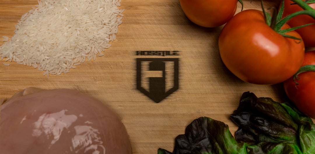 Hosstile cutting board with chicken breast rice and vegetables