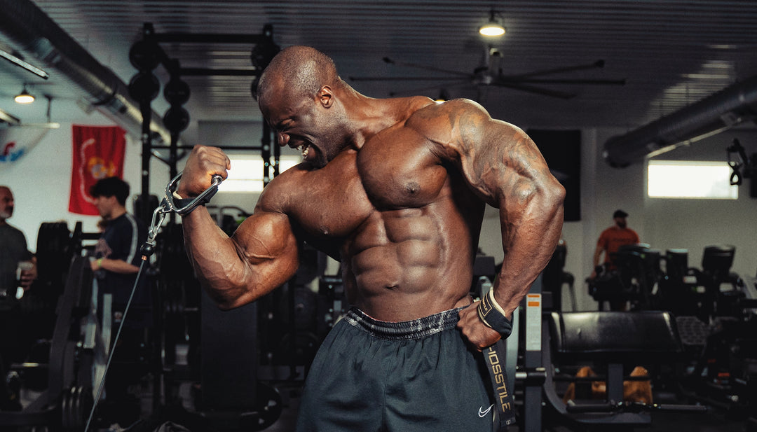 Bodybuilder Samson Dauda pumped training arms after using Glycersize