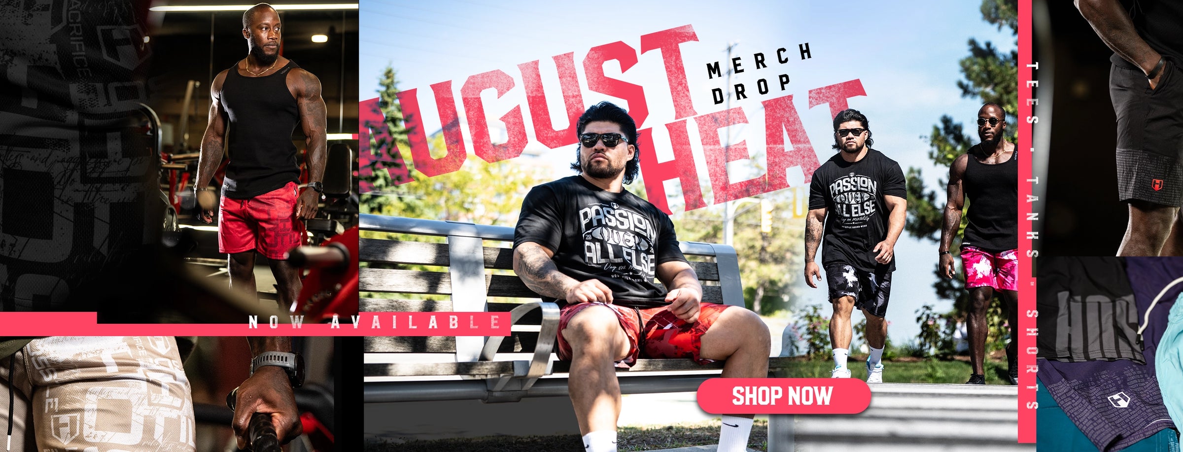 Promotional image for a merchandise drop with people wearing branded clothing.