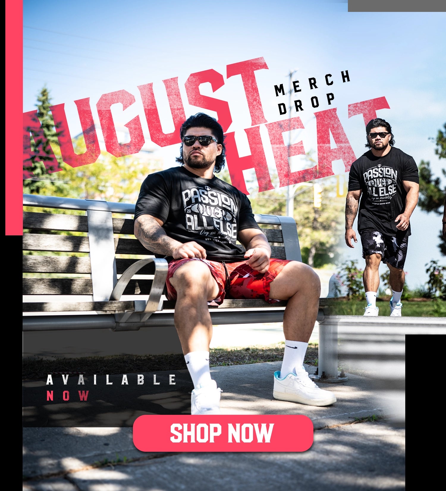 Man sitting on a bench wearing a black t-shirt with text, with promotional text for 'August Heat' merchandise above.
