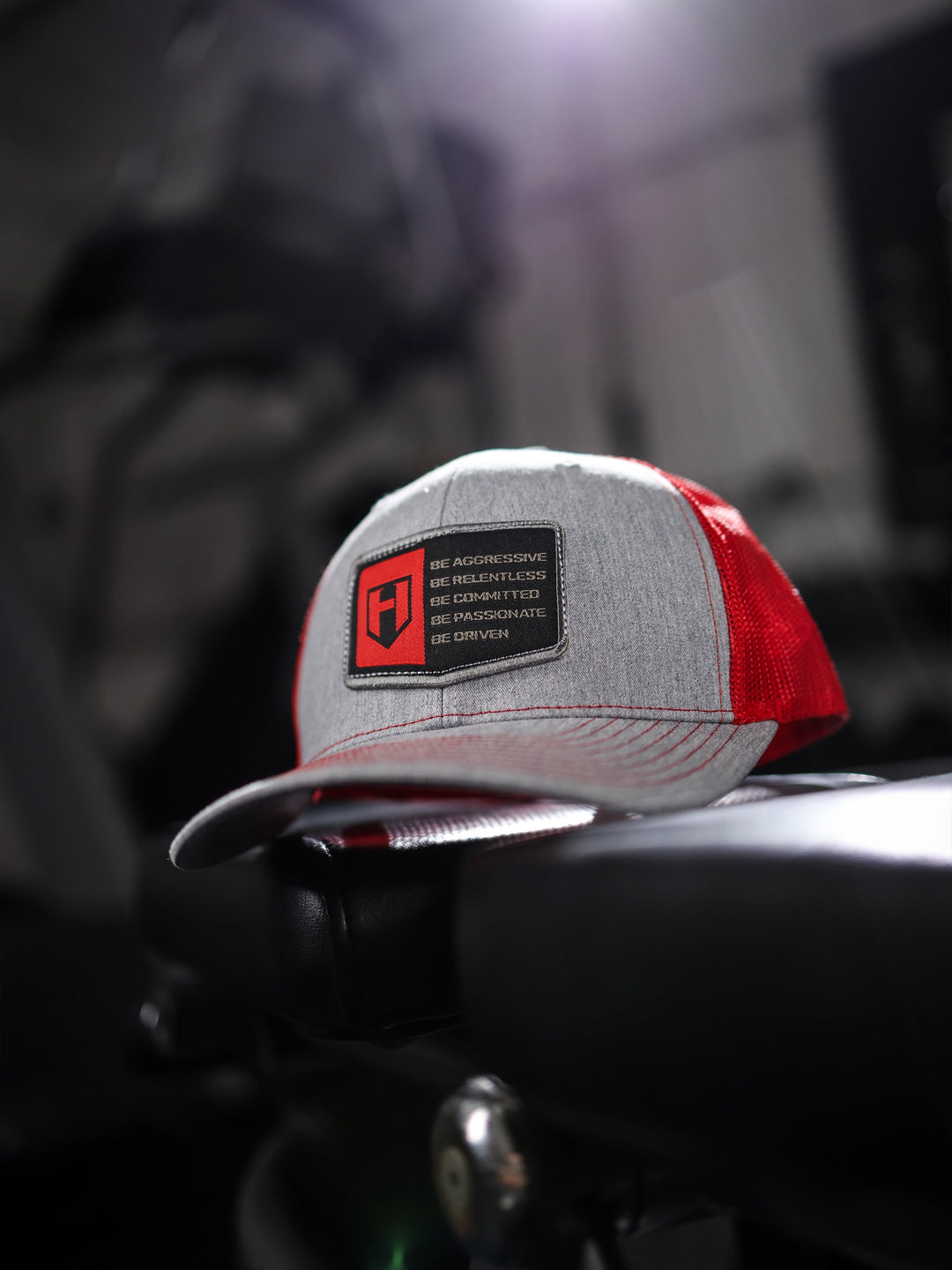 B5 Richardson Trucker Hat in Gym#color_grey-red