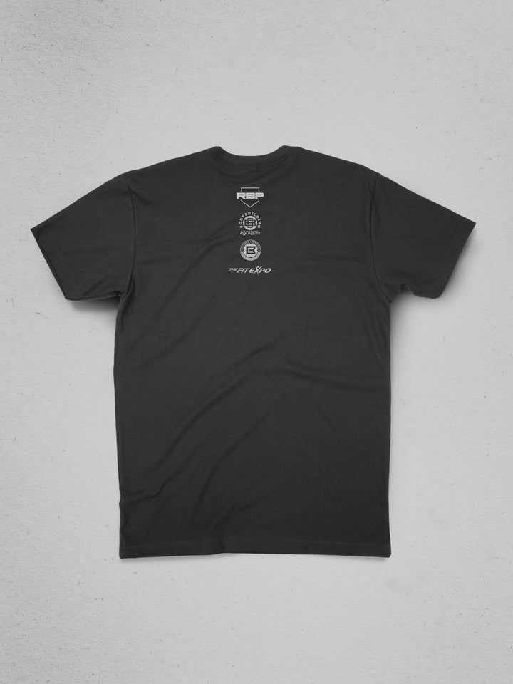 Black t-shirt with logos on a gray background
