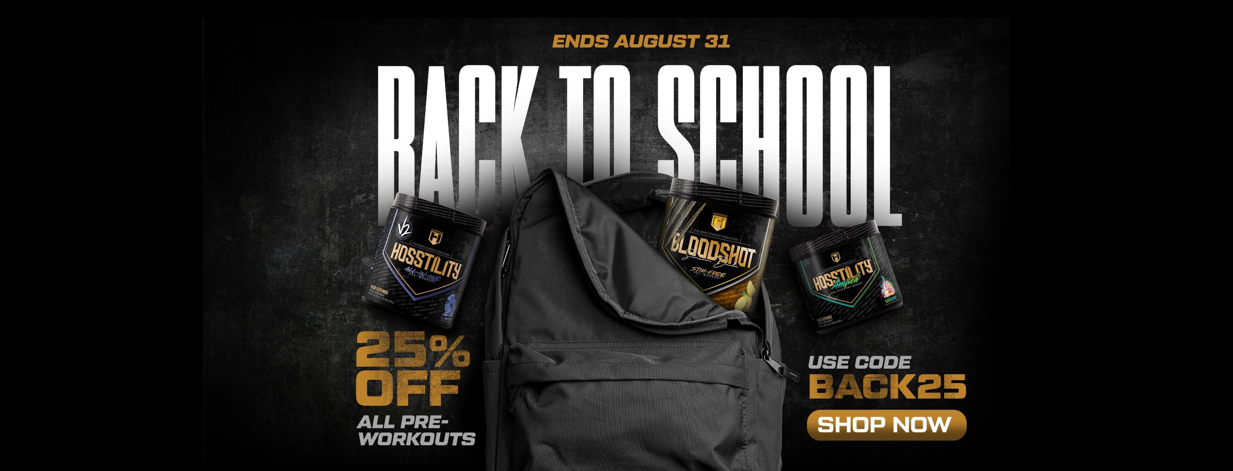 Promotional banner for 'Back to School' sale with backpack and discount details.