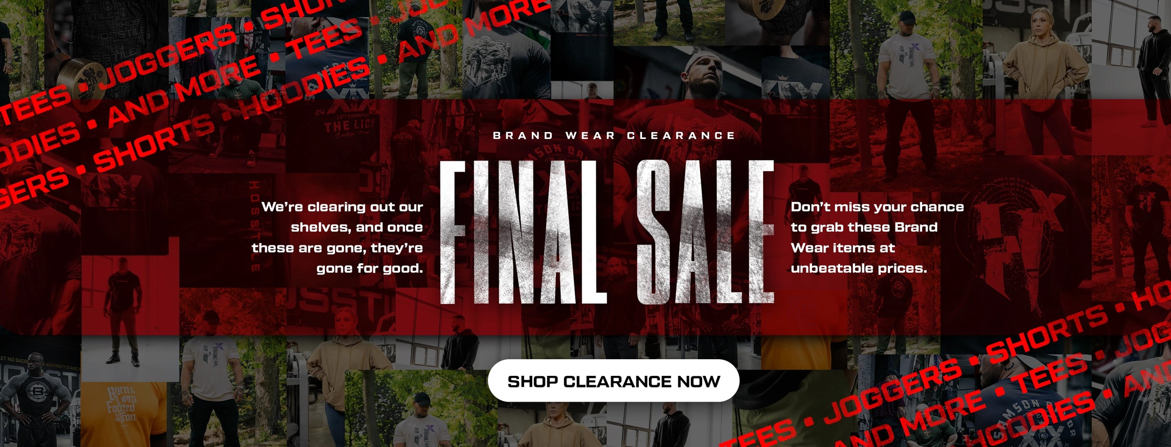 Promotional banner for brand wear clearance with text and images of people wearing clothing.
