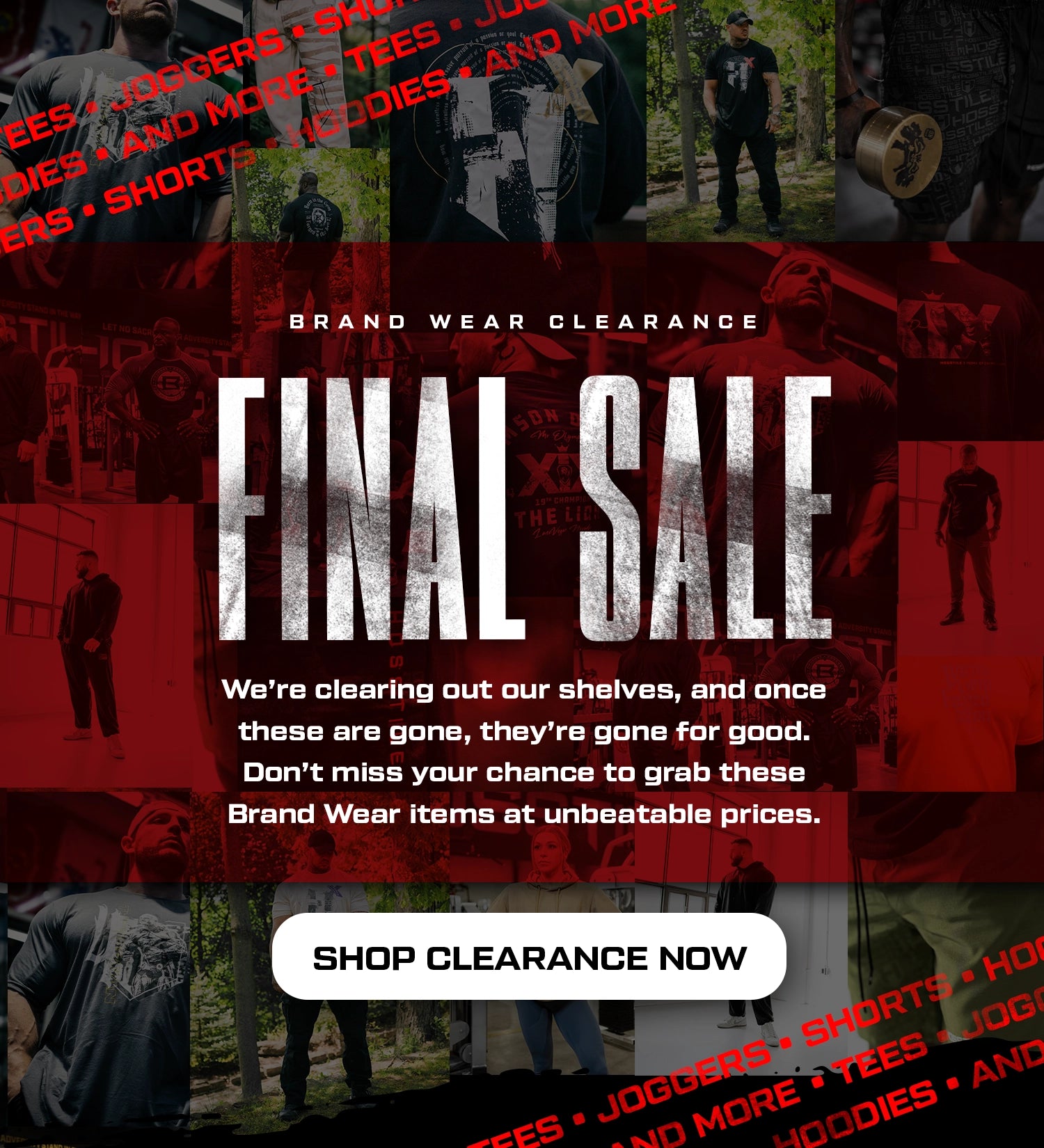 Promotional graphic for brand wear clearance sale with text and images of people wearing branded clothing.