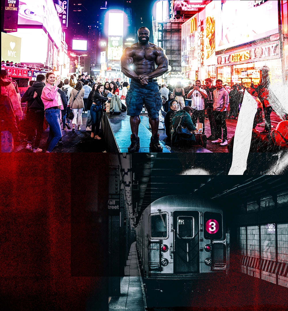 Bodybuilder Samson Dauda posing in Times Square New York City