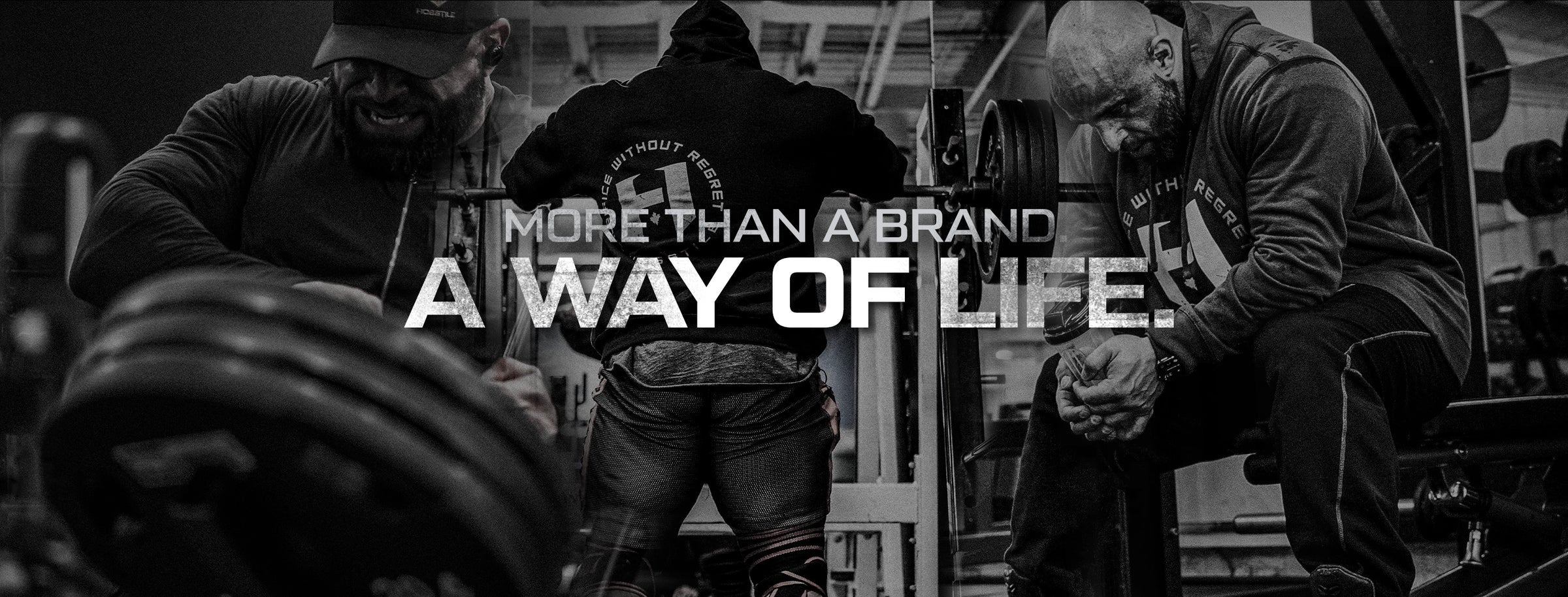 Fouad Abiad and Mr. Olympia Samson Dauda lifting weights with text 'More than a brand, A Way of Life' in a gym setting.