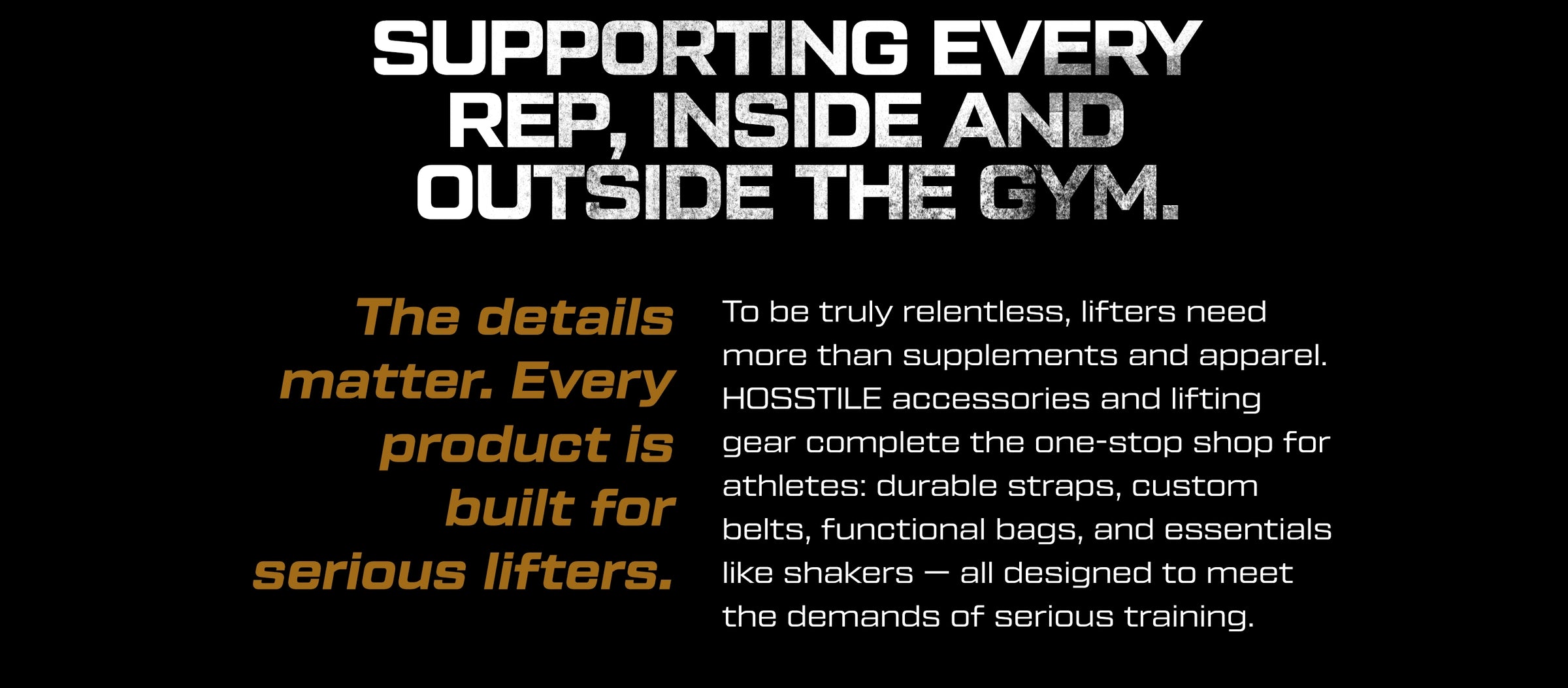 Text on a black background about Hosstile lifting accessories and products for bodybuilders and serious lifters.