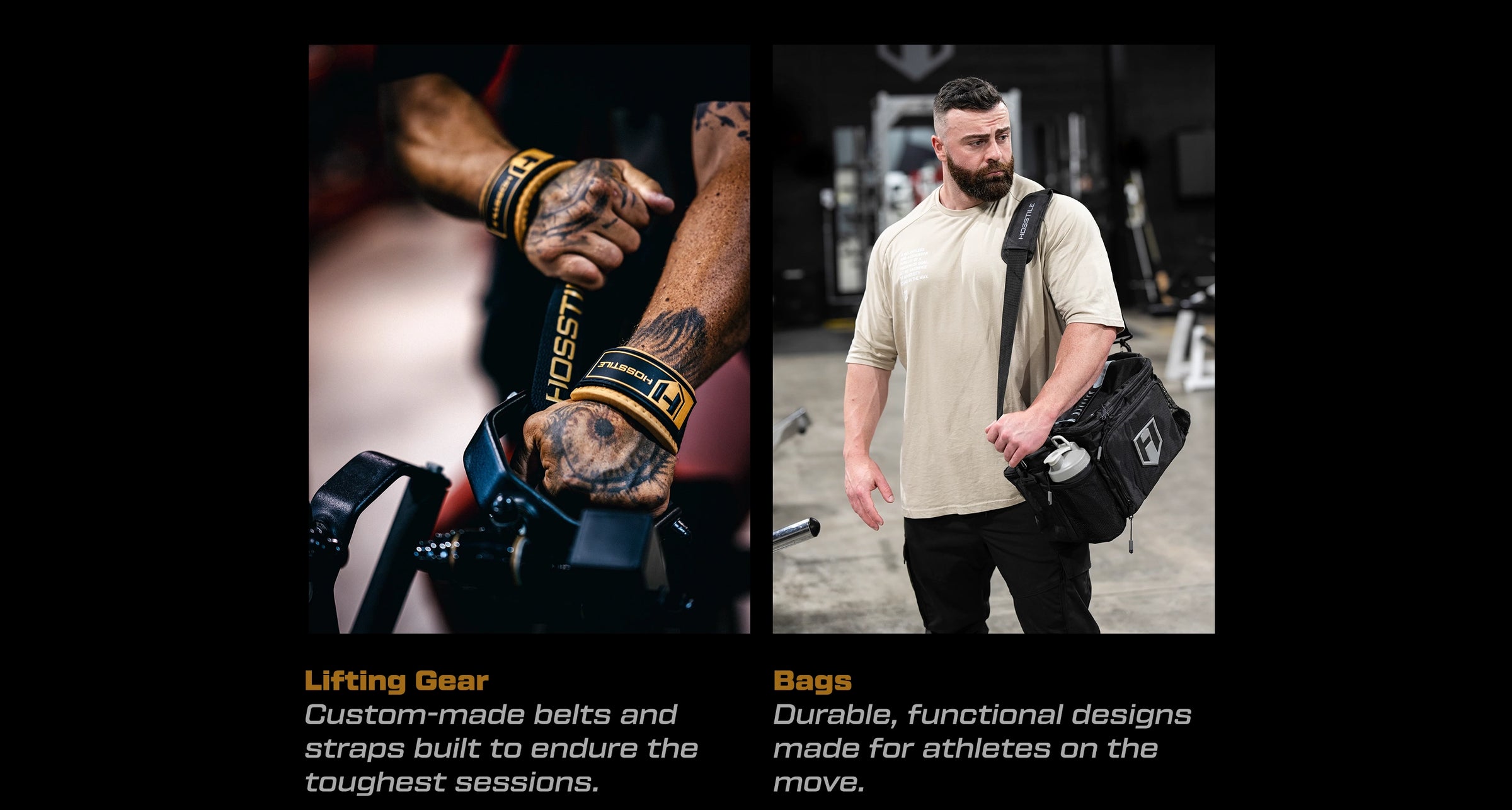 Two images showing Hosstile lifting gear and bags with text describing their features.
