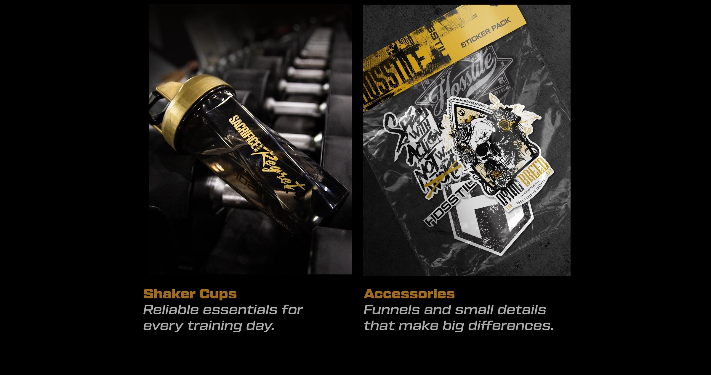 Hosstile shaker cup and accessories with branding on a black background.