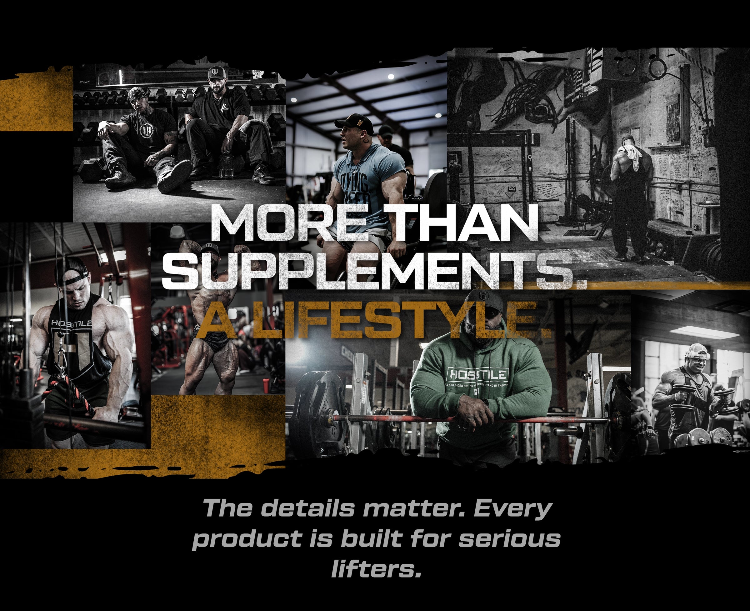 Collage of bodybuilders and athletes in a gym setting with text about the Hosstile lifestyle.
