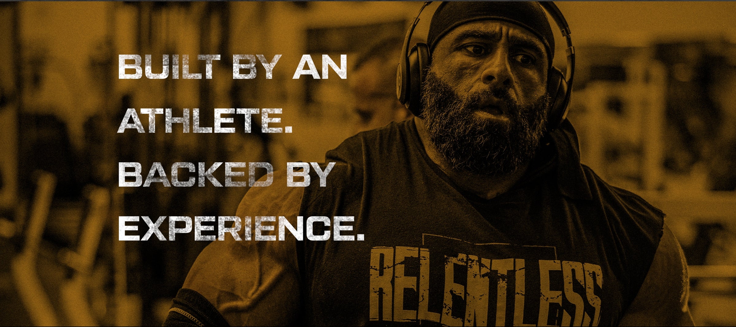 Fouad Abiad wearing a headband with text 'Built by an athlete. Backed by experience.' and 'RELENTLESS' on a blurred background.