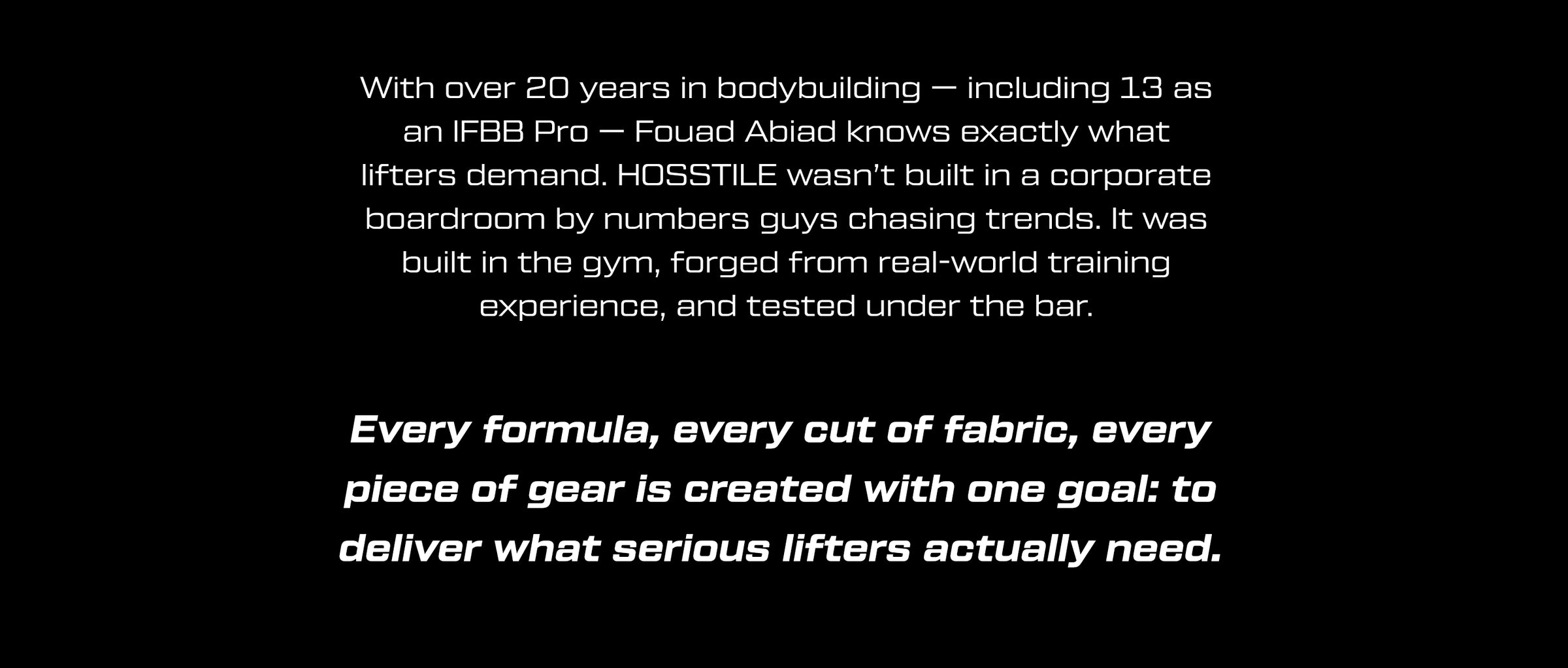 Text on a black background about the hosstile bodybuilding brand's history and mission.