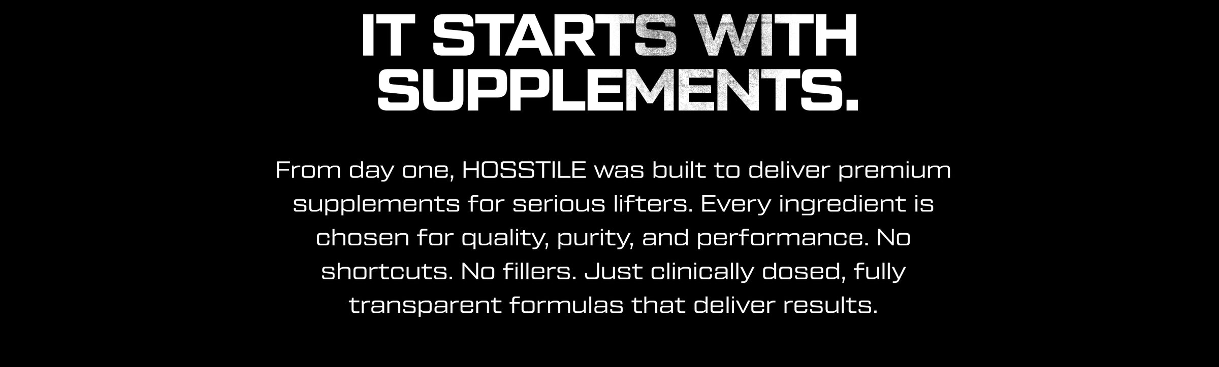 Text about quality for the Hosstile supplements brand on a black background