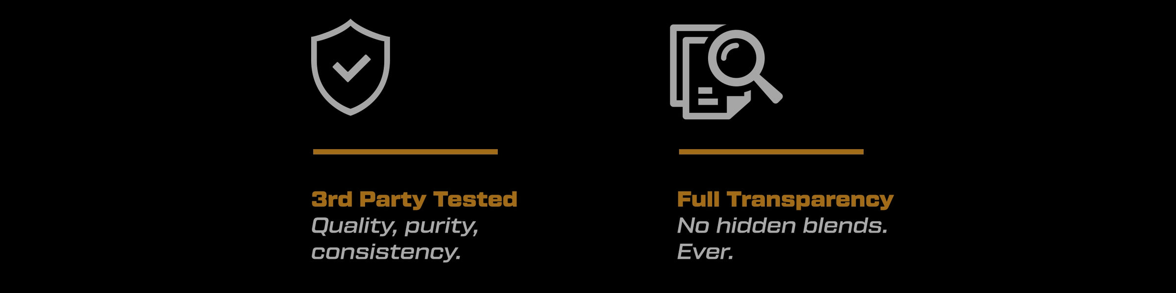 Two icons with text on a black background, emphasizing third-party testing and full transparency.