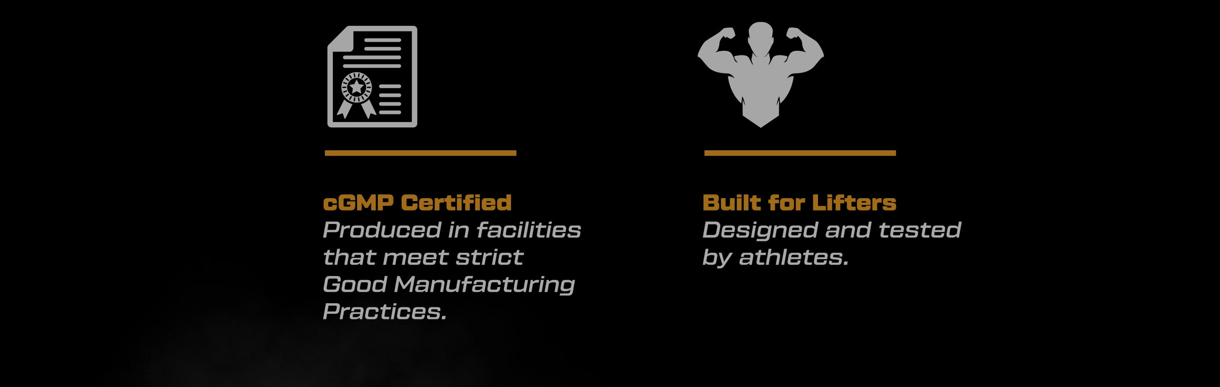 Two icons with text on a black background, one indicating cGMP certification and the other stating 'Built for Lifters'.