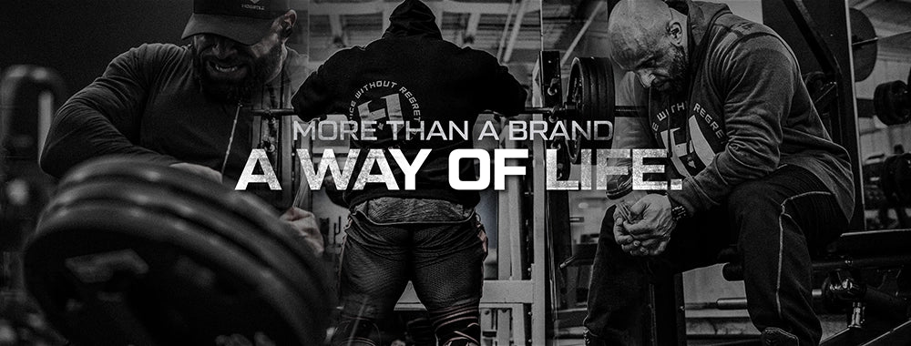 Fouad Abiad and Mr. Olympia Samson Dauda lifting weights with text 'More than a brand, A Way of Life' in a gym setting.