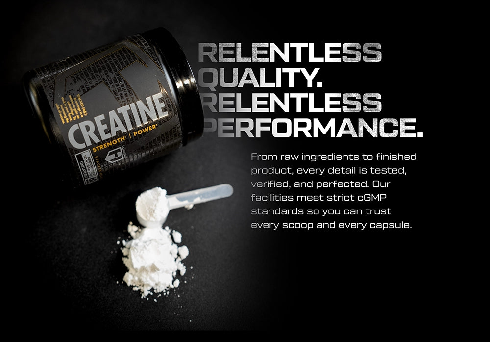 Hosstile creatine supplement container with powder on a black background and text about quality and performance.