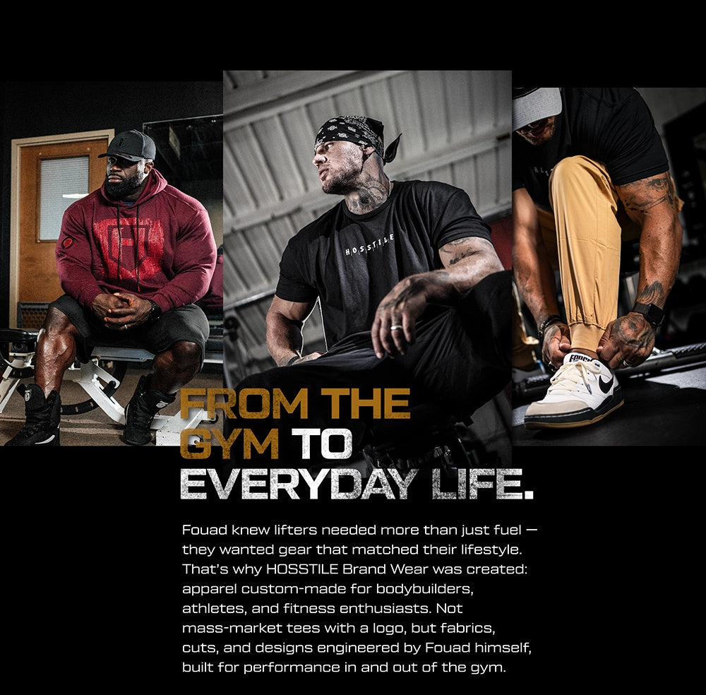 Collage of Mr. Olympia Samson Dauda and Ben Chow in gym and casual settings with text about HOSSTILE Brand Wear apparel.