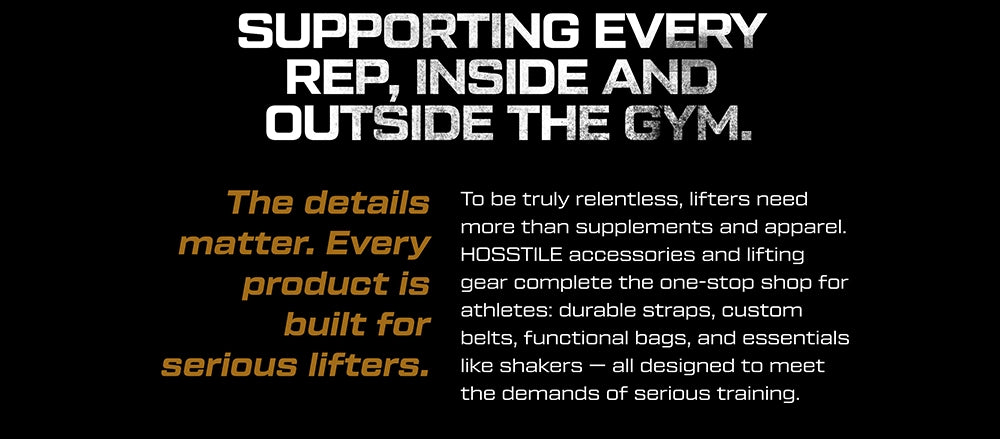 Text on a black background about Hosstile lifting accessories and products for bodybuilders and serious lifters.