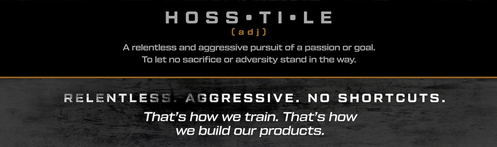Text on a black background defining 'hosstile' and describing a brand's approach to training and product development.