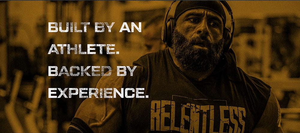 Fouad Abiad wearing a headband with text 'Built by an athlete. Backed by experience.' and 'RELENTLESS' on a blurred background.