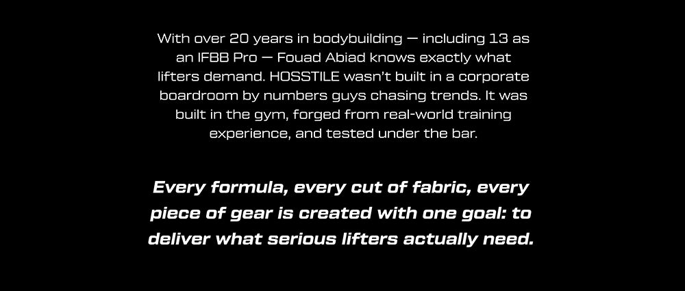 Text on a black background about the hosstile bodybuilding brand's history and mission.