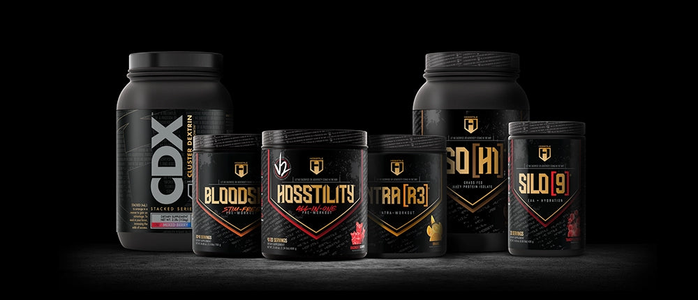 Collection of hosstile supplement containers with visible branding on a dark background