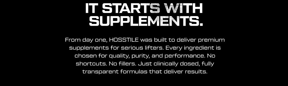 Text about quality for the Hosstile supplements brand on a black background