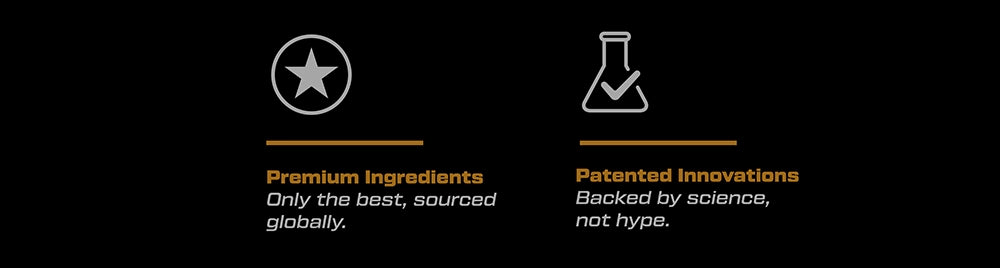Two icons with text on a black background, one about premium ingredients and the other about patented innovations.