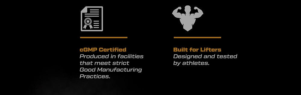 Two icons with text on a black background, one indicating cGMP certification and the other stating 'Built for Lifters'.