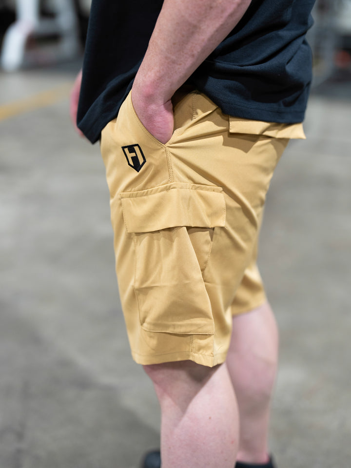 Bodybuilder Wearing Shield Gym Cargo Shorts - Caramel#color_caramel