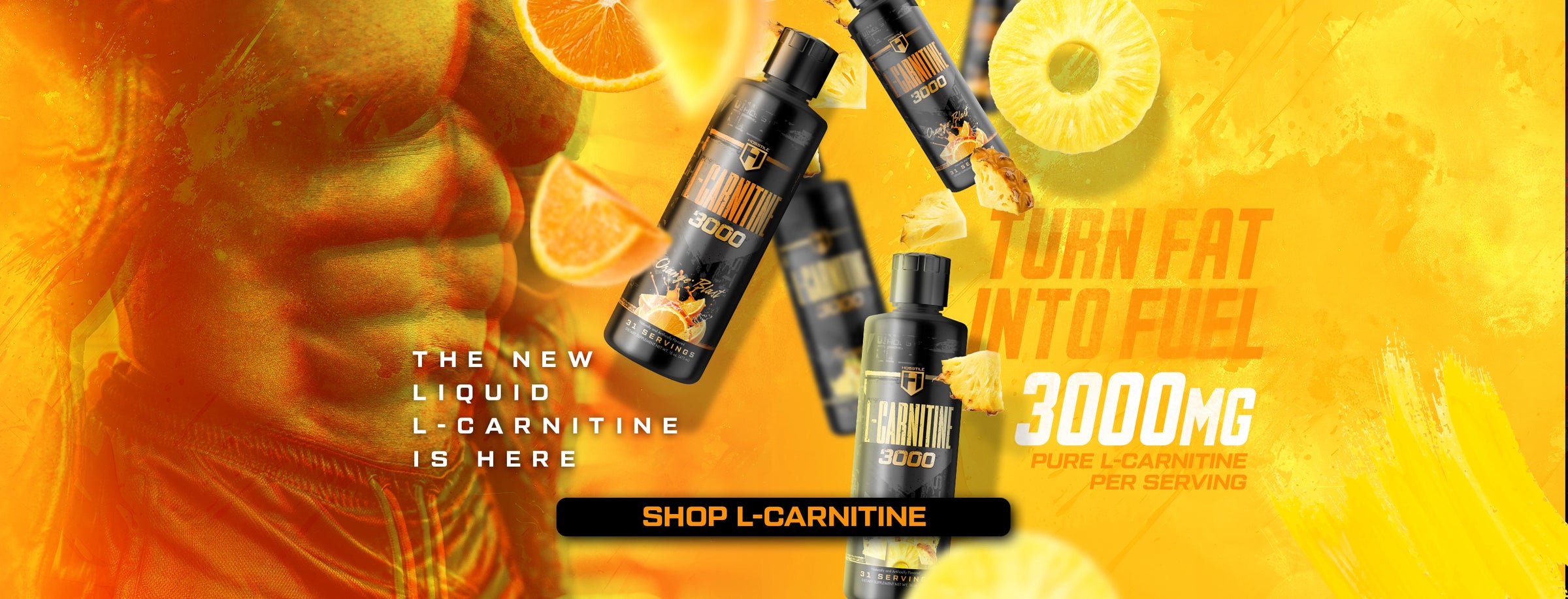 Advertisement for L-Carnitine supplement with muscular figure and oranges on a bright yellow background