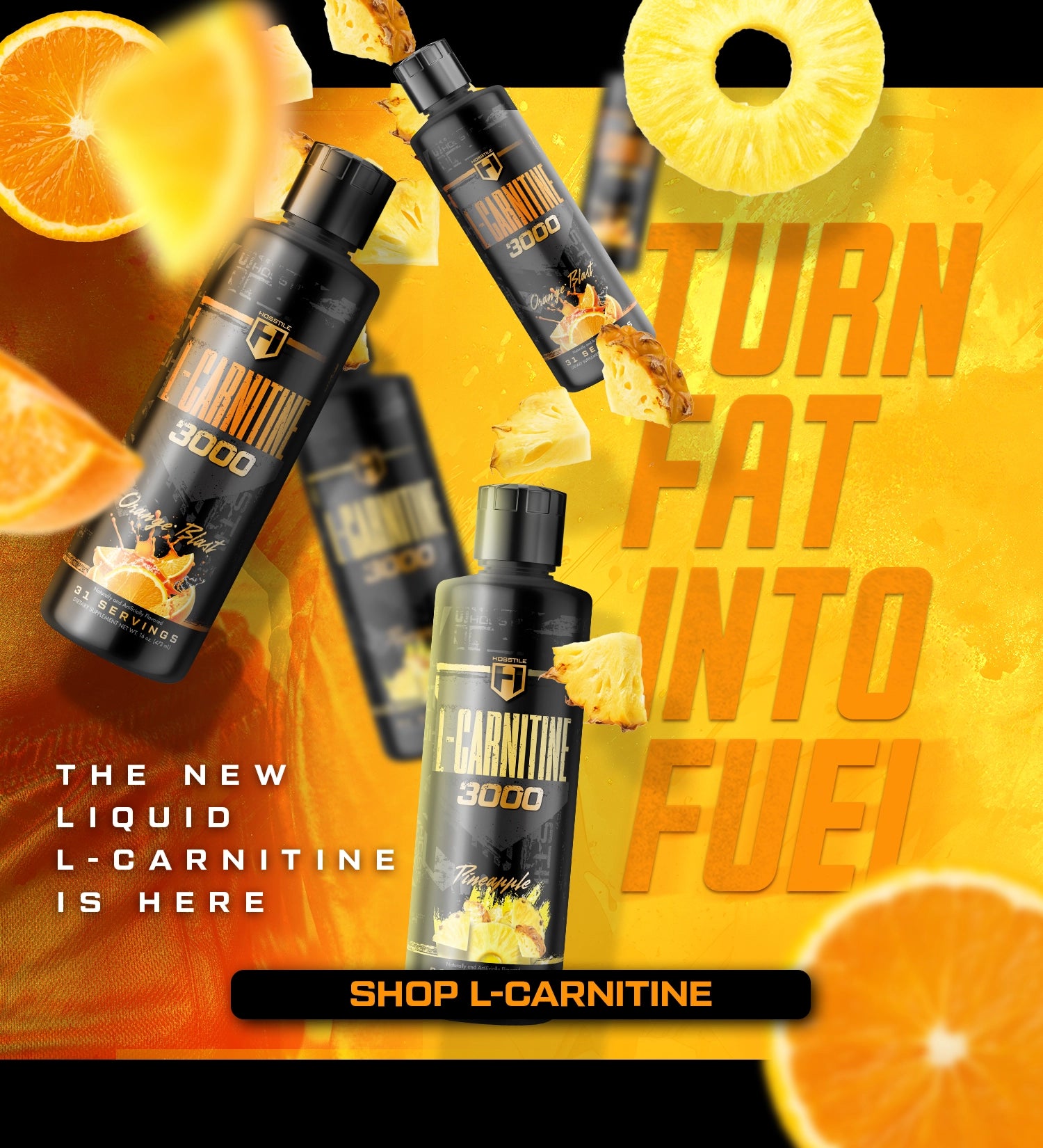 Advertisement for L-Carnitine supplement with bottles, oranges, and pineapples on a vibrant yellow background.