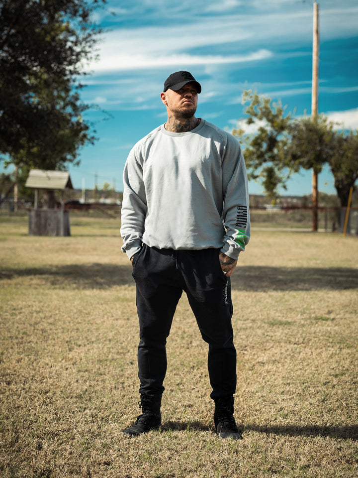 Bodybuilder wearing the Dying Breed Crew Sweatshirt#color_grey