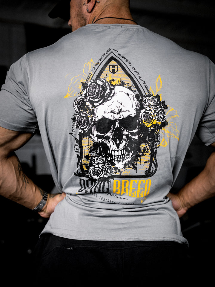 Bodybuilder wearing the Dying Breed Gym T-shirt#color_grey